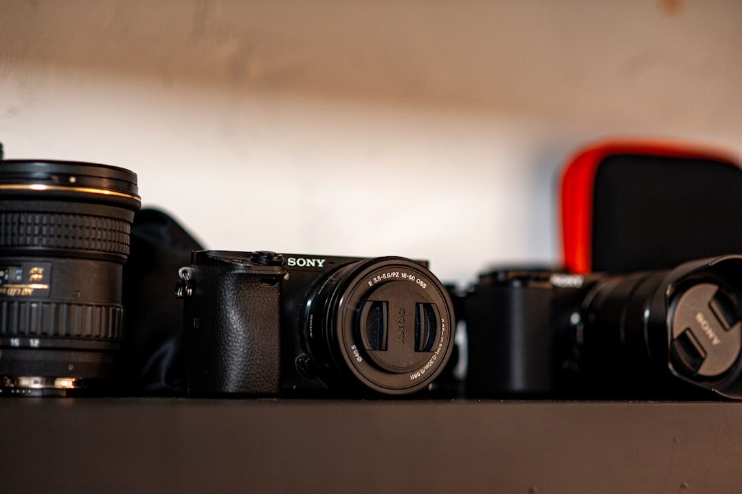 Camera equipment on a table close up
